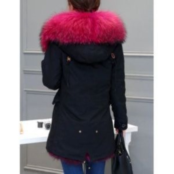 Burgundy Fox/Raccoon Fur Hooded Canvas Coat - Picture 4 of 6